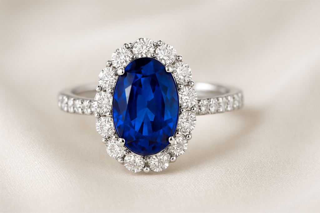 Realistyczna fotografia przedstawia elegancki pierścionek zaręczynowy z dużym, owalnym szafirem w intensywnym, głębokim odcieniu niebieskiego