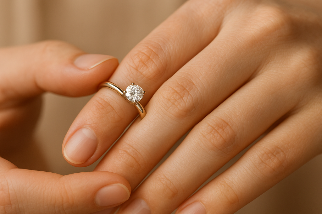 Obraz przedstawia zbliżenie dłoni, na których widać pierścionek z pojedynczym, okrągłym diamentem osadzonym w klasycznej oprawie typu solitaire