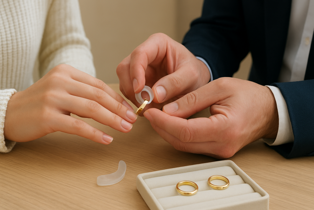 Na zdjęciu widać jubilerską konsultację dotyczącą dopasowania rozmiaru pierścionka