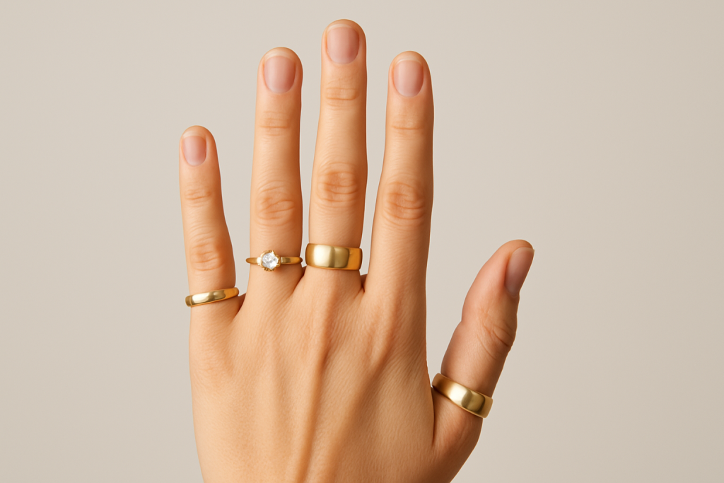 w obrazie widzimy lewą dłoń, sfotografowaną z przodu, na neutralnym, jasnobeżowym tle