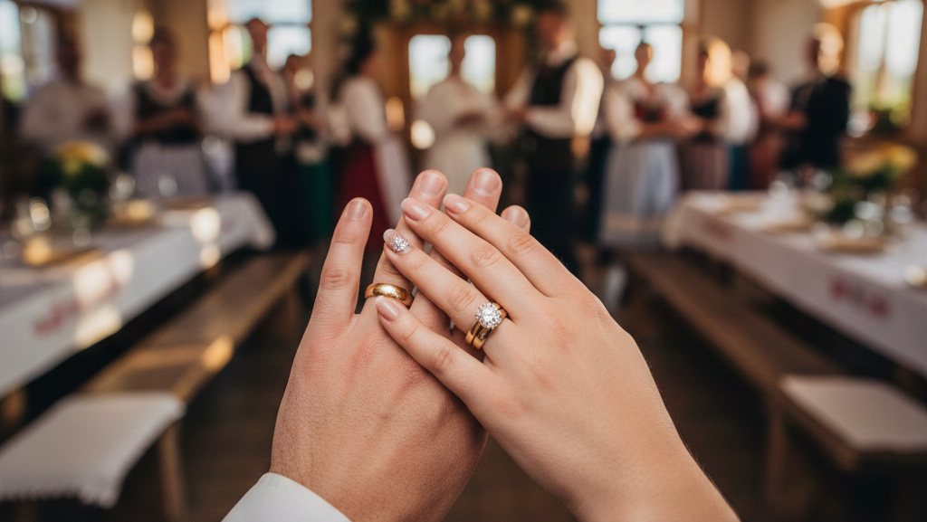 Obraz przedstawia zbliżenie na splecione dłonie nowożeńców z wyraźnie widocznymi pierścionkami i obrączkami, umieszczonymi na palcach serdecznych