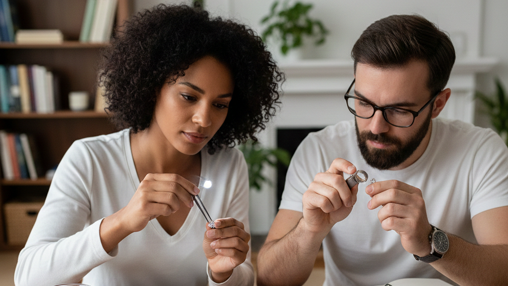 Obraz pokazujący dwie osoby obserwujące diamenty